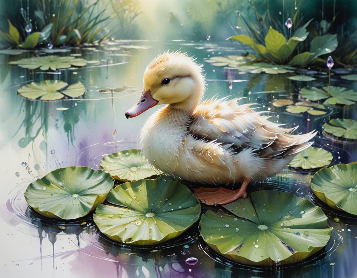 Ducklings on Lilypad in Neo-Impressionist Style