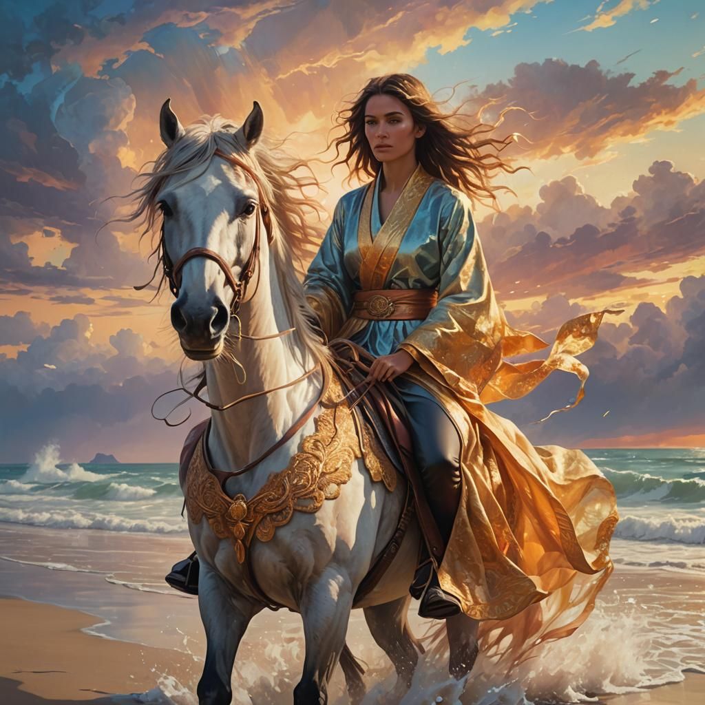 Girl on Horseback: Mystical Beach in Oil Paint Style