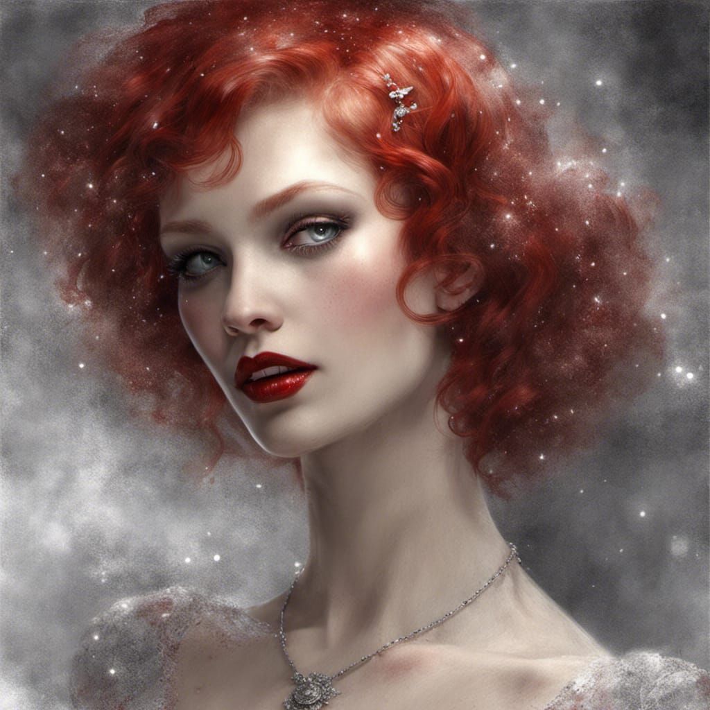 French Vampire Woman with Red Hair in Silver Sparkles