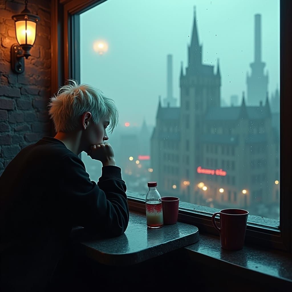 Cyberpunk Boy Gazing at Victorian City in Rain