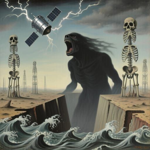 Surreal Oil Painting of Post-Apocalyptic Landscape