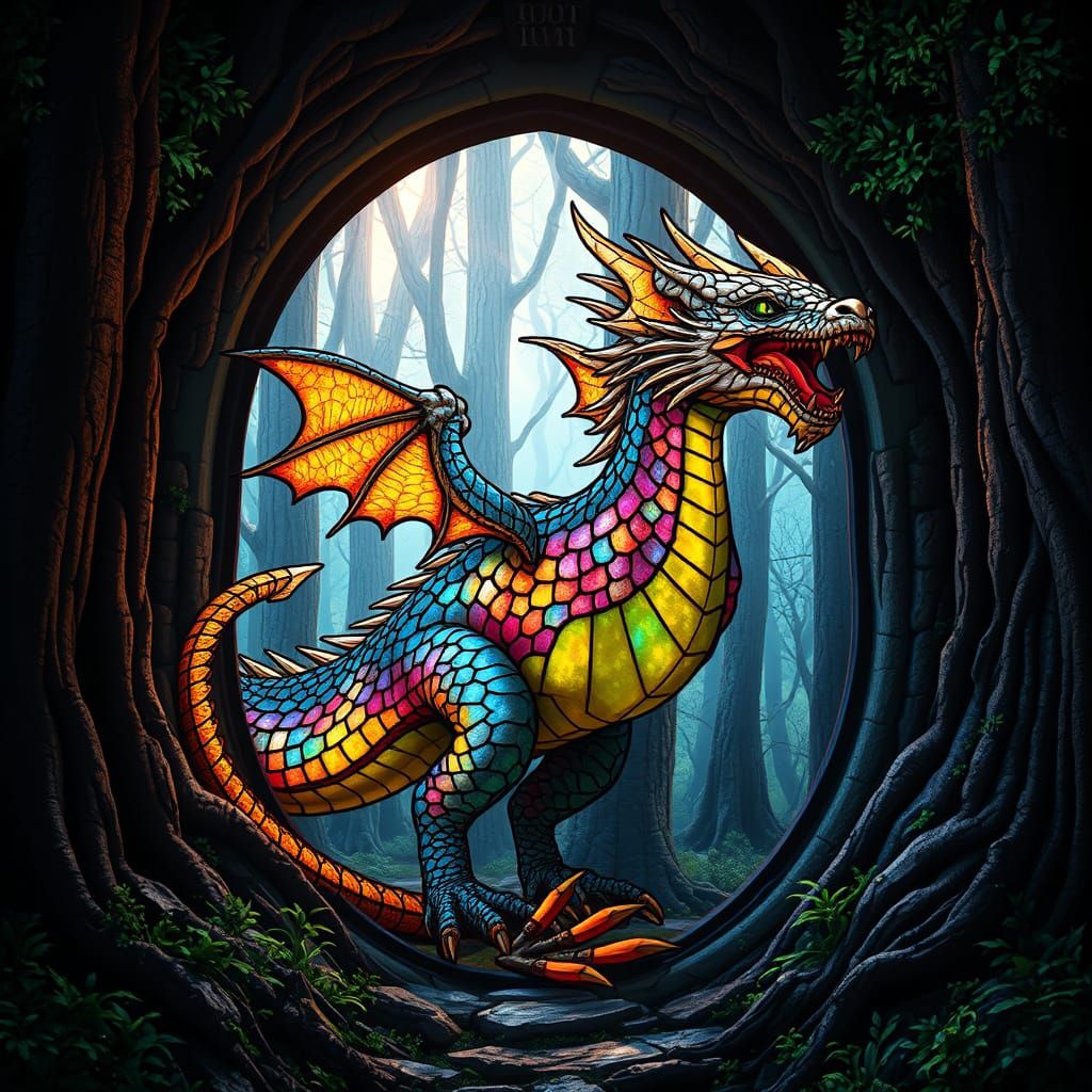 Stained Glass Dragon Emerges from Forest Portal