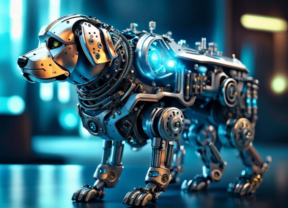 Steampunk Robodog Mecha in Cyberpunk Cityscape