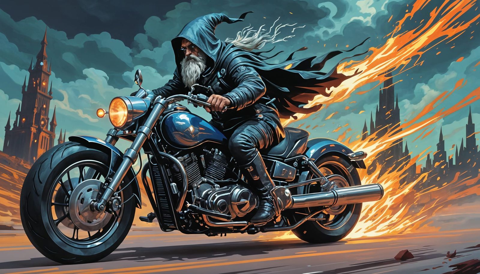 Ominous Wizard Rides Futuristic Motorcycle in Action Paintin...