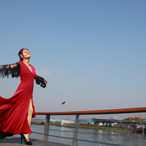 Young Woman Runs on a Vibrant Black Swan Bridge in a Fantast...