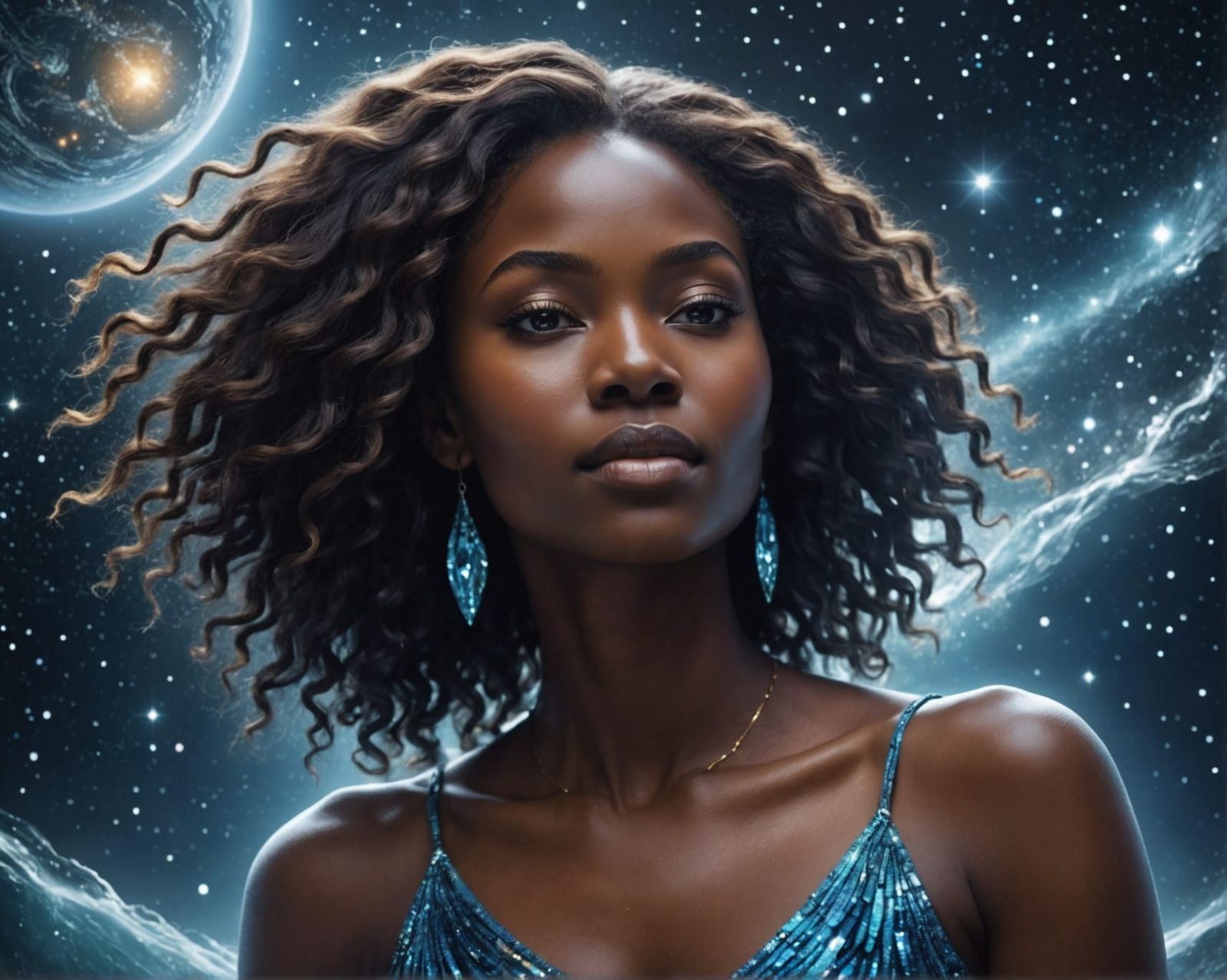Celestial African Woman Sailing Cosmic Seas