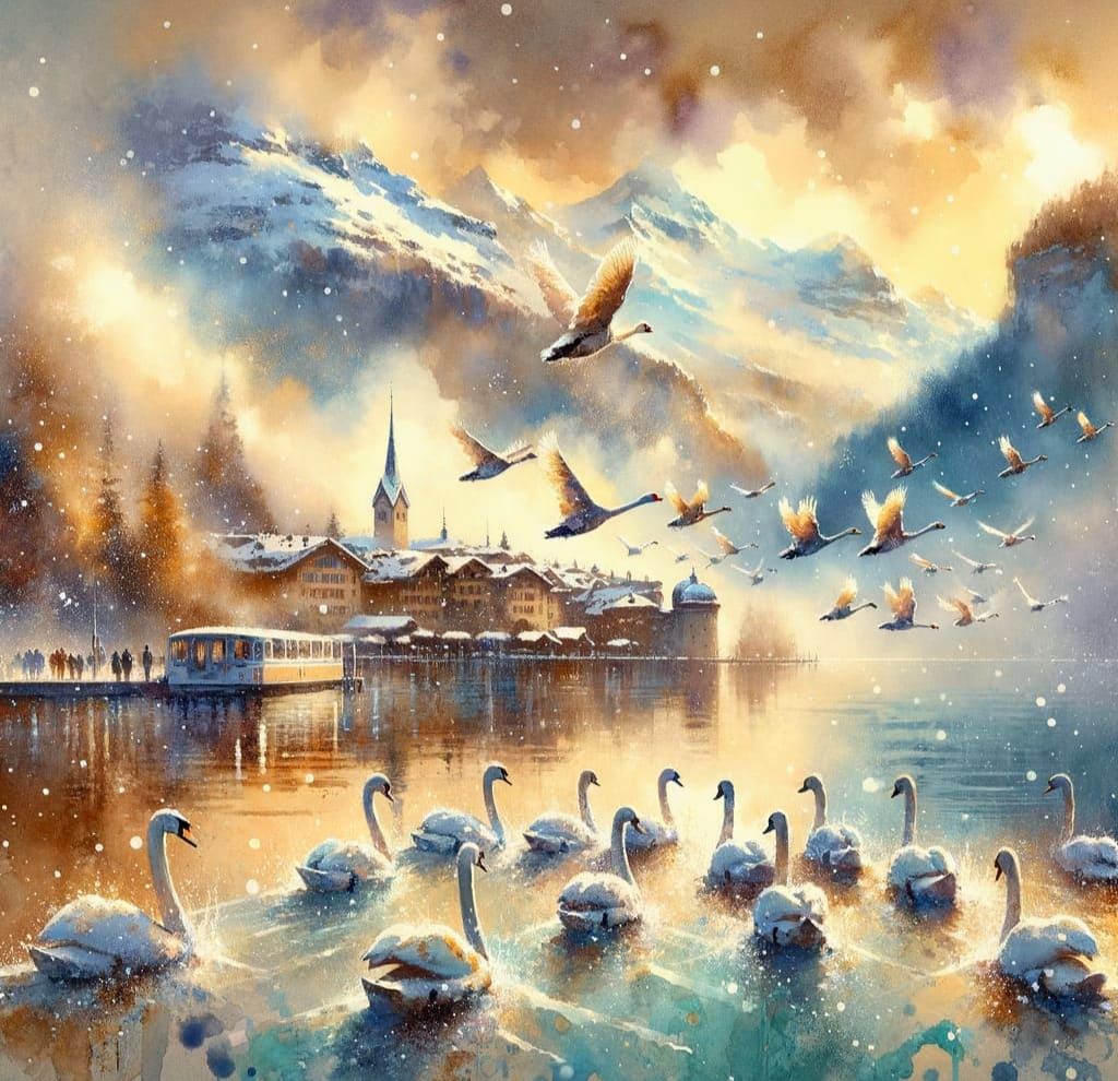 Swans Take Flight: Impressionist Watercolour Painting
