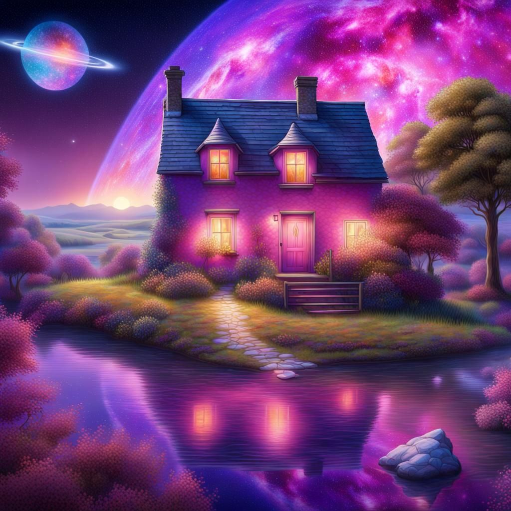 Cottage in Woods: Astral Cosmic Illustration