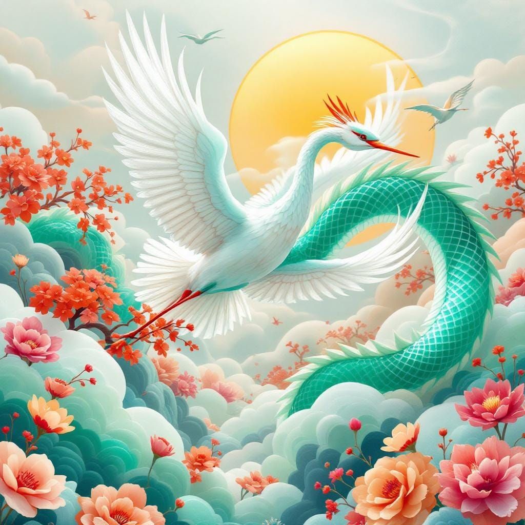 Jade Crane in Flight with Dragon, Photorealistic Artwork