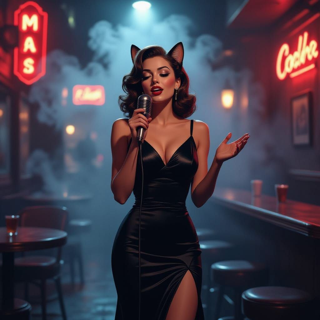 Feline Jazz Singer in Film Noir Style
