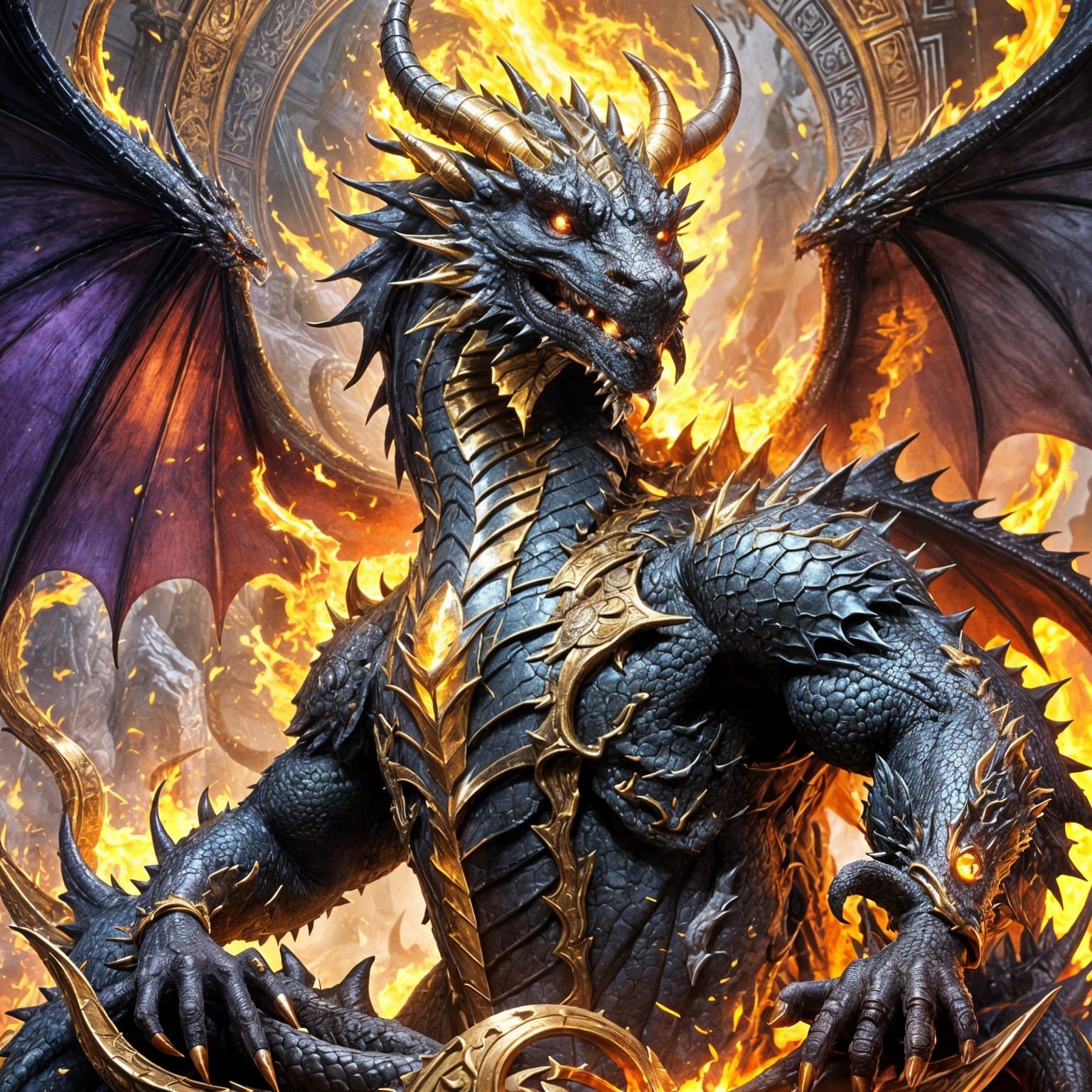 Majestic Black Dragon in Fiery Dark Fantasy Art