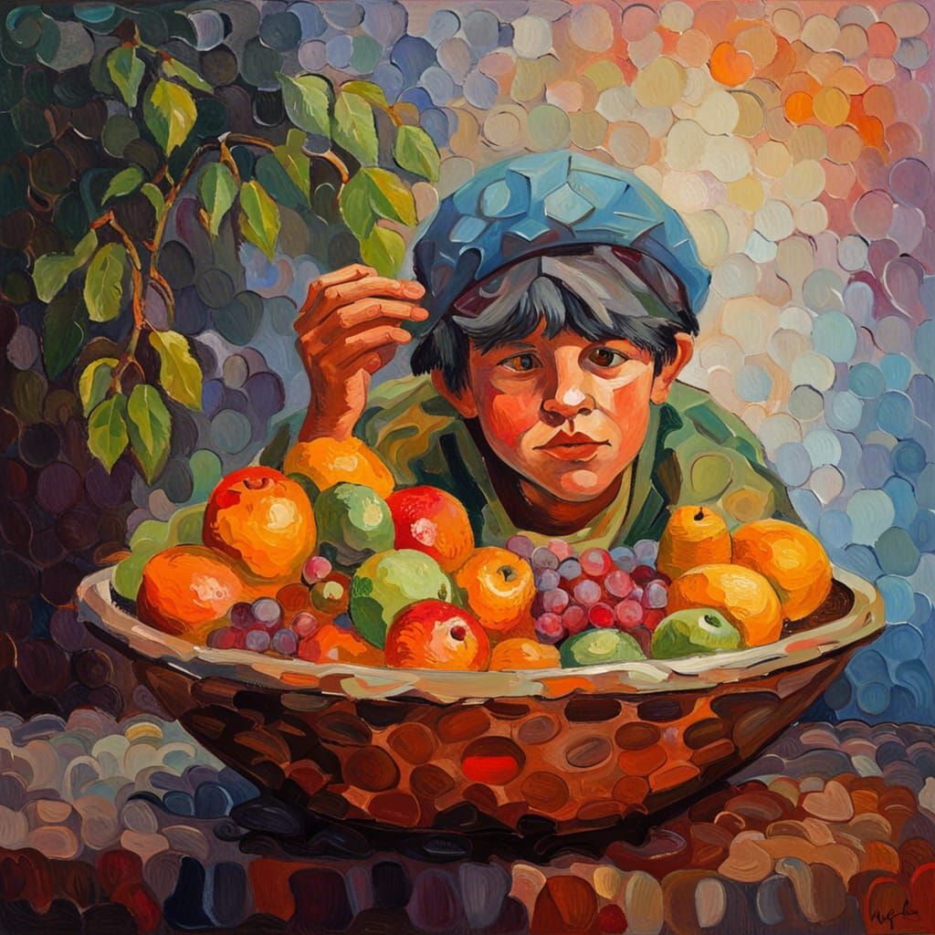 Peasant Boy with Fruit in Expressionist Oil Painting