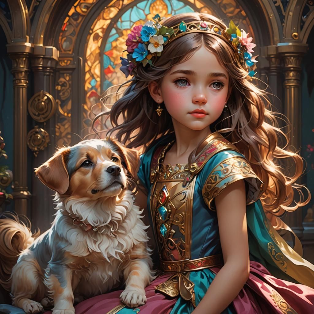 Portrait of a beautiful little princess and her dog