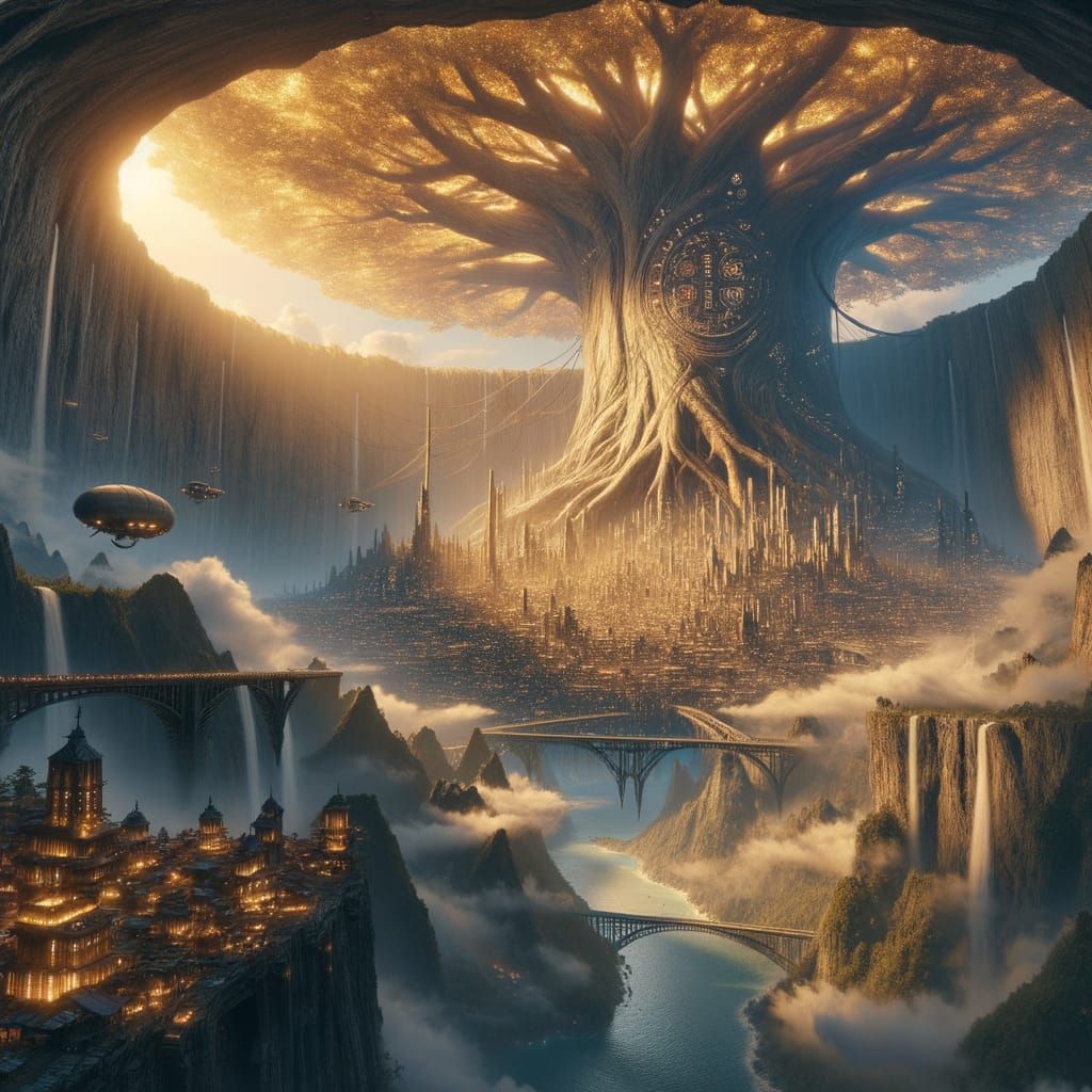 Ancient Tree Cityscape with Bioluminescent Villages