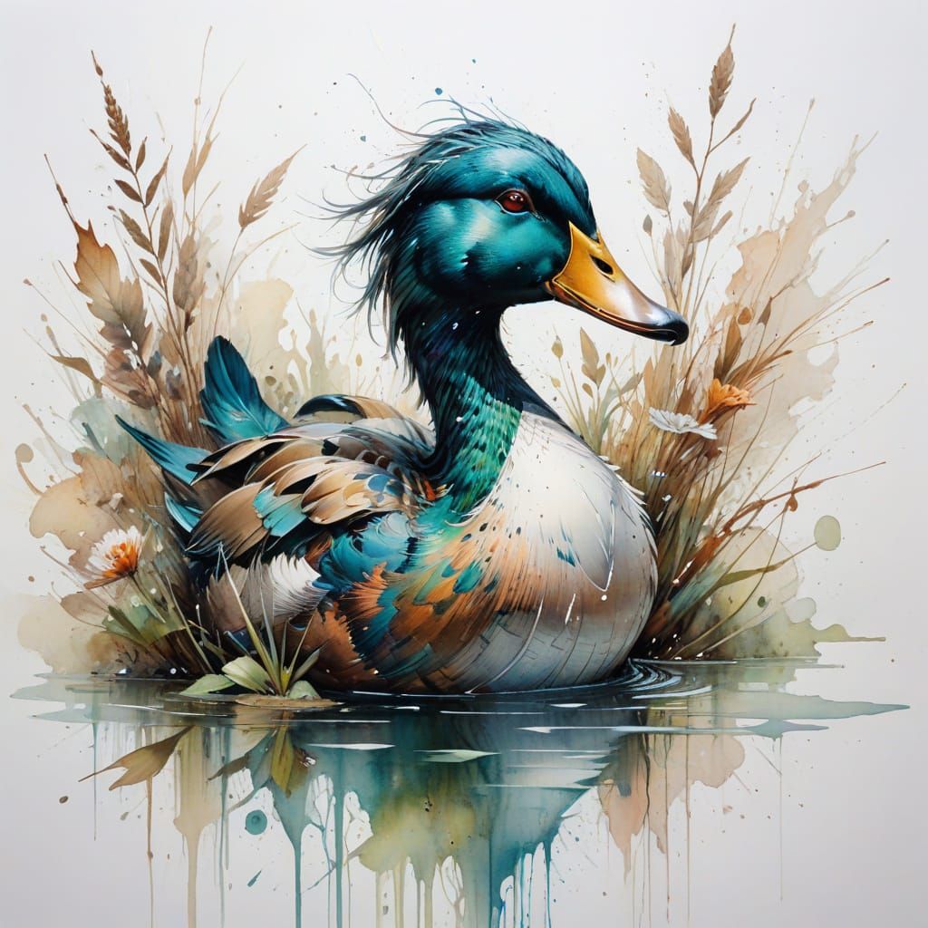 Enchanted Duck in Serene Wetland Watercolour