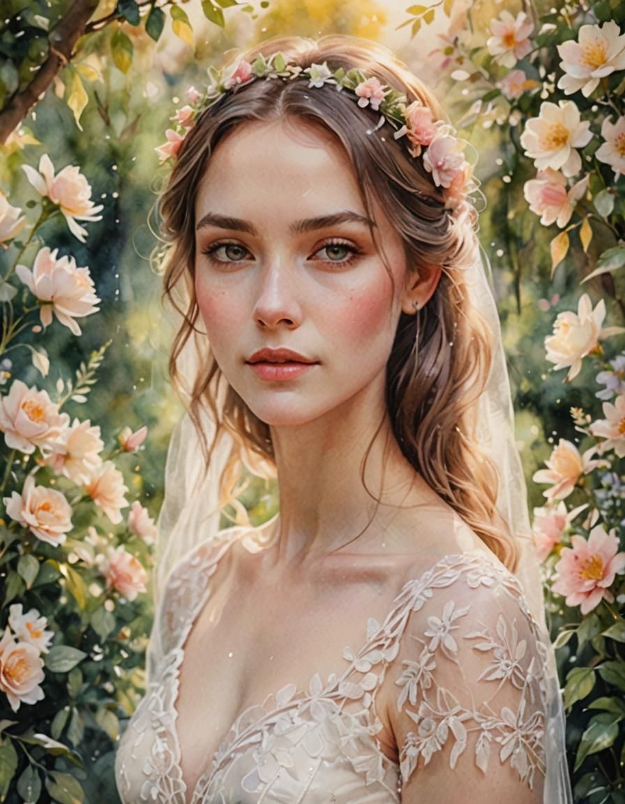 Ethereal Bride in Watercolor Garden Portrait