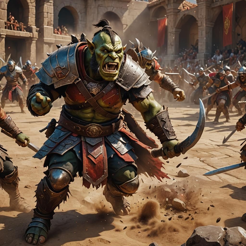 Orc Gladiator in Arena: Hyperrealistic D&D Concept Art