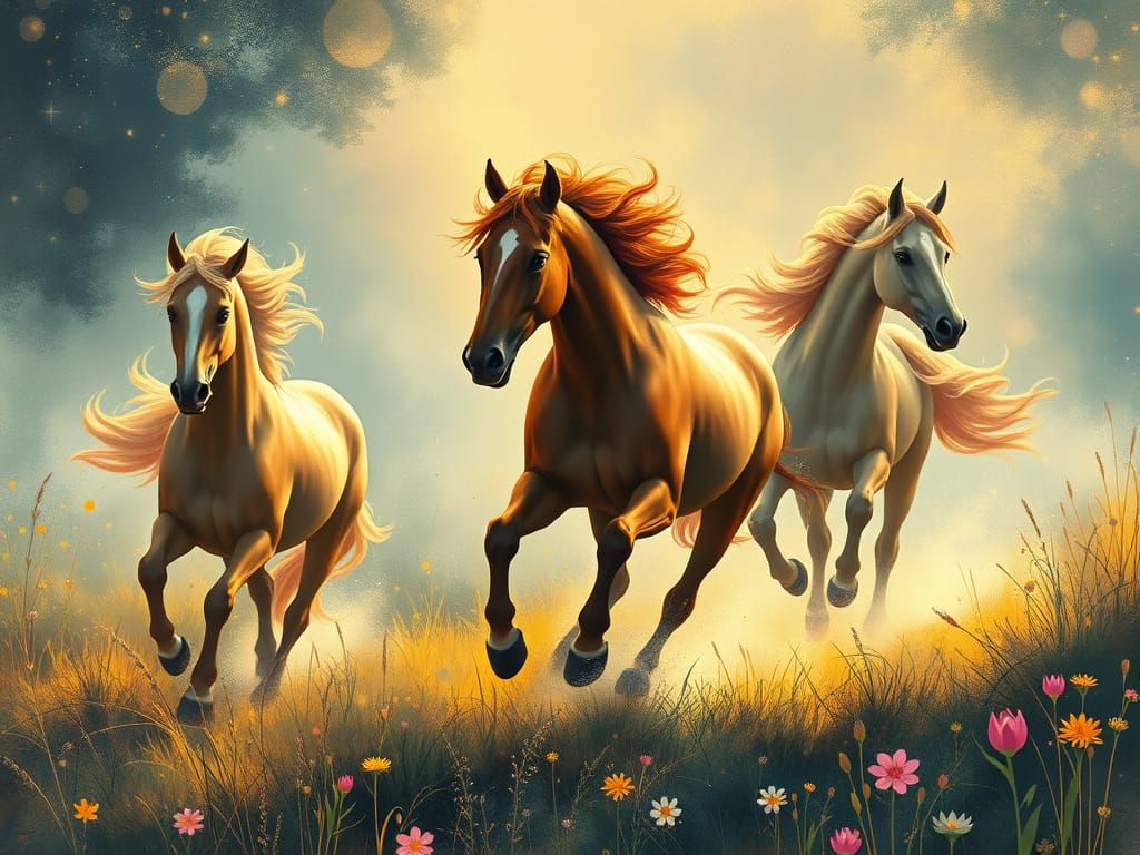 Dreamlike Horses Amidst a Golden Meadow