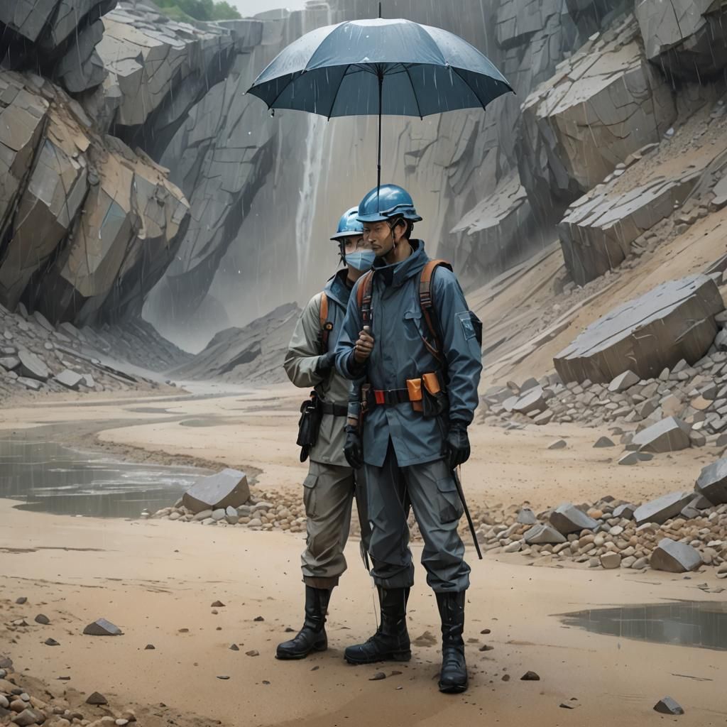 Geologists in Quarry: Moody Anime Concept Art