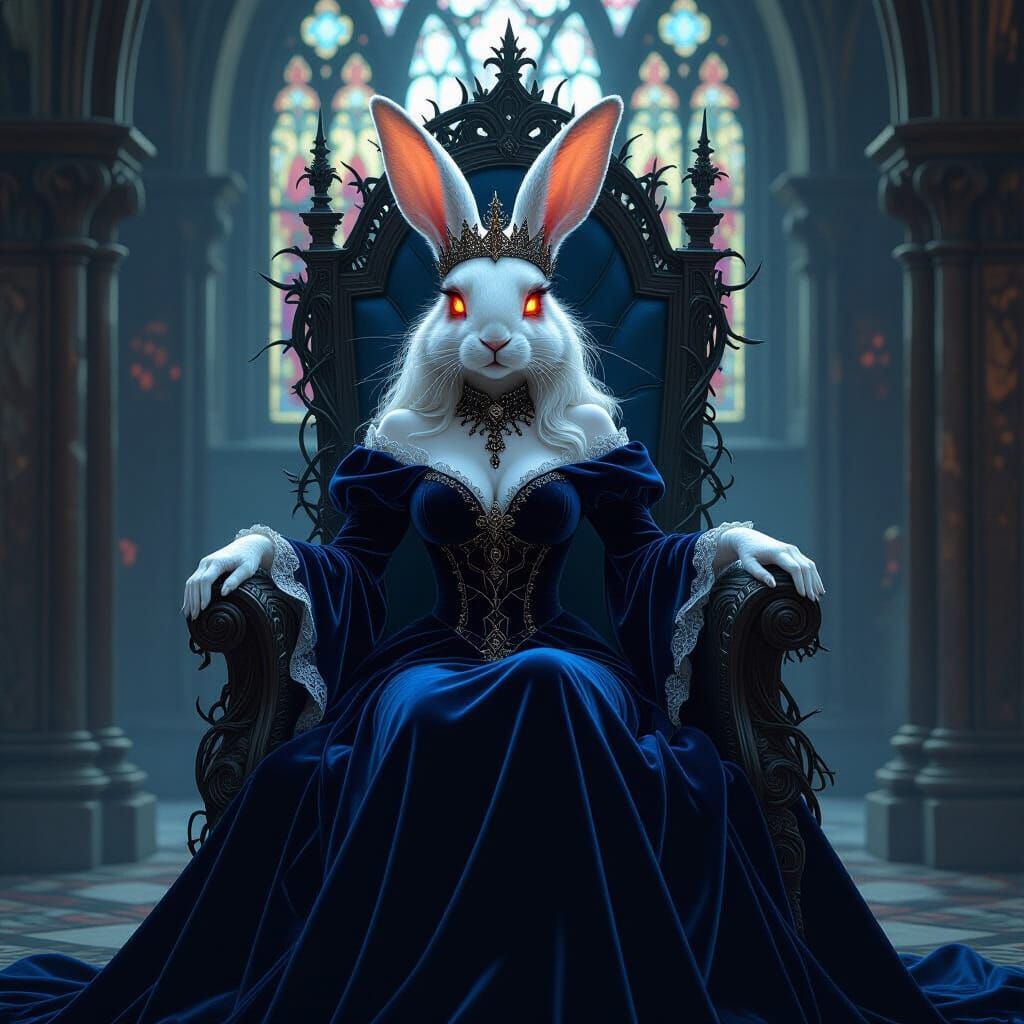 Gothic Rabbit Queen on Throne in Art Nouveau Style