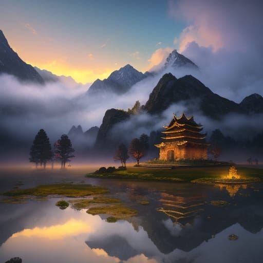 Mystic Temple in Misty Mountains: Vibrant Digital Art