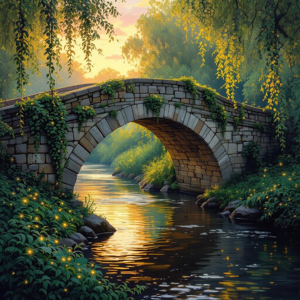 Majestic Stone Bridge at Golden Hour, Impressionistic Oil Pa...