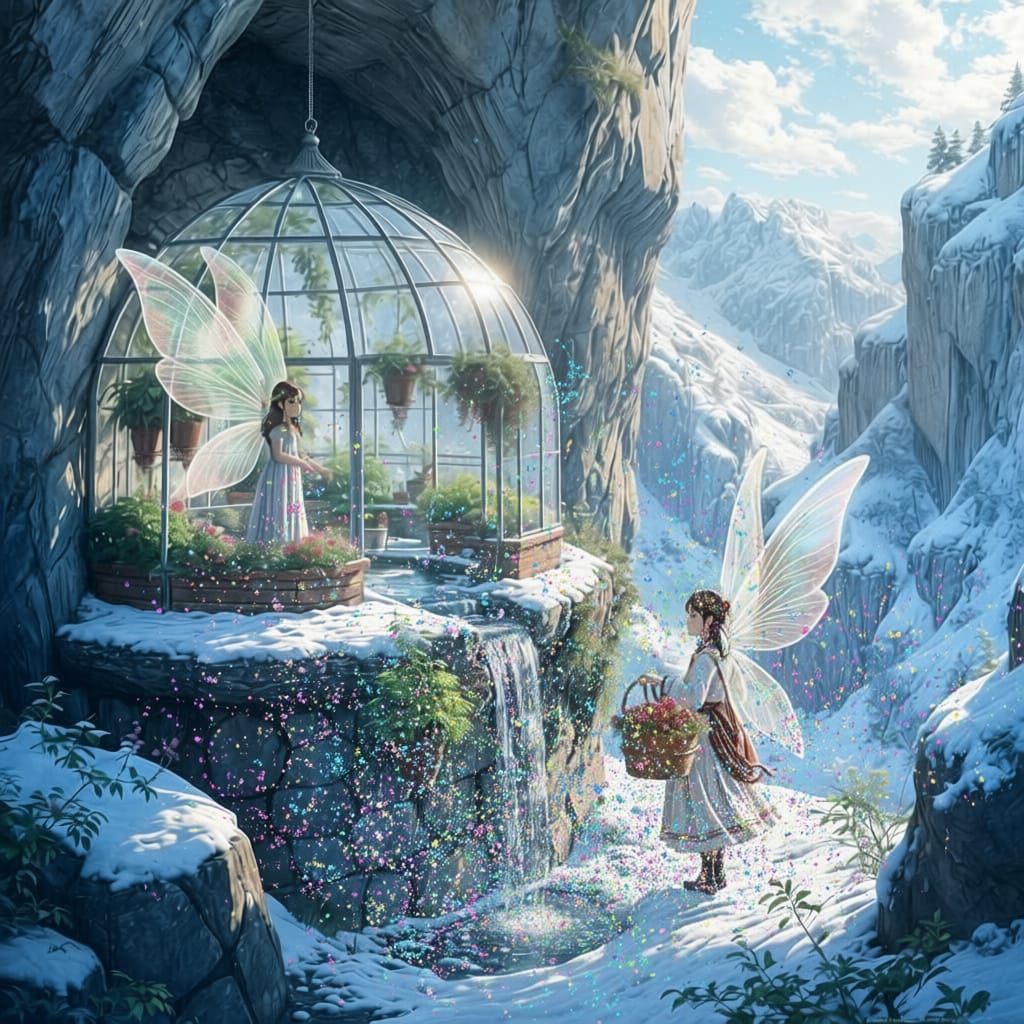 Medieval Girl Tends Greenhouse on Snowy Cliff