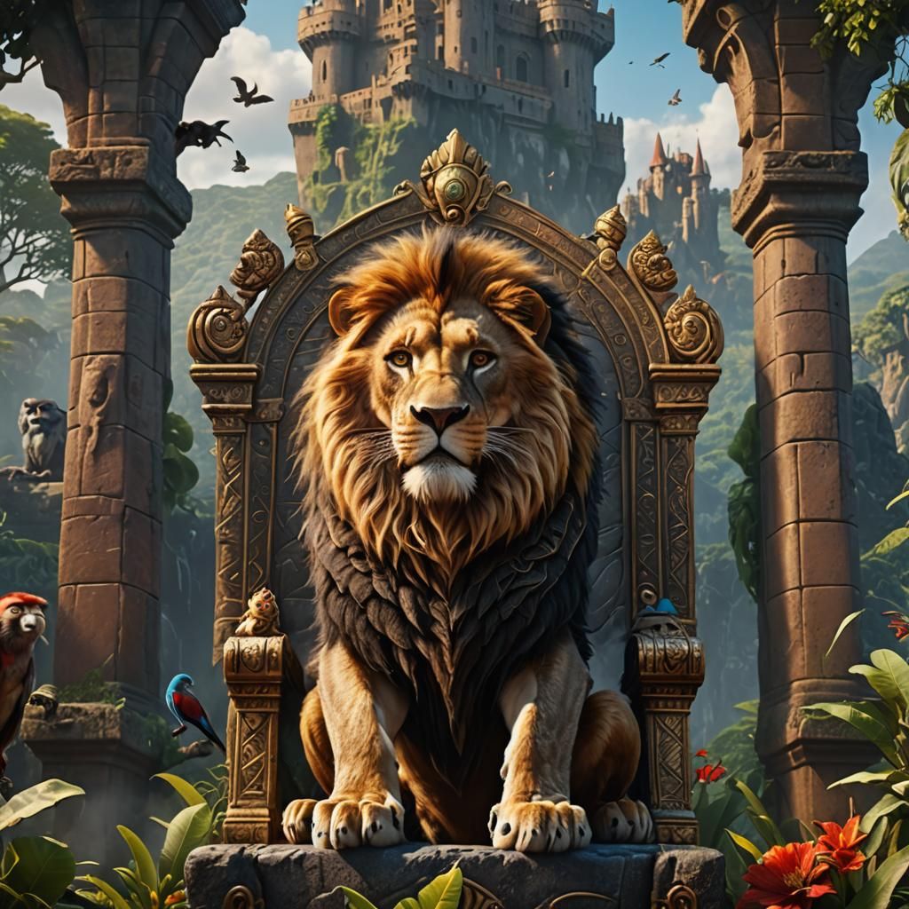 Lion King on Jungle Throne: Detailed Matte Painting