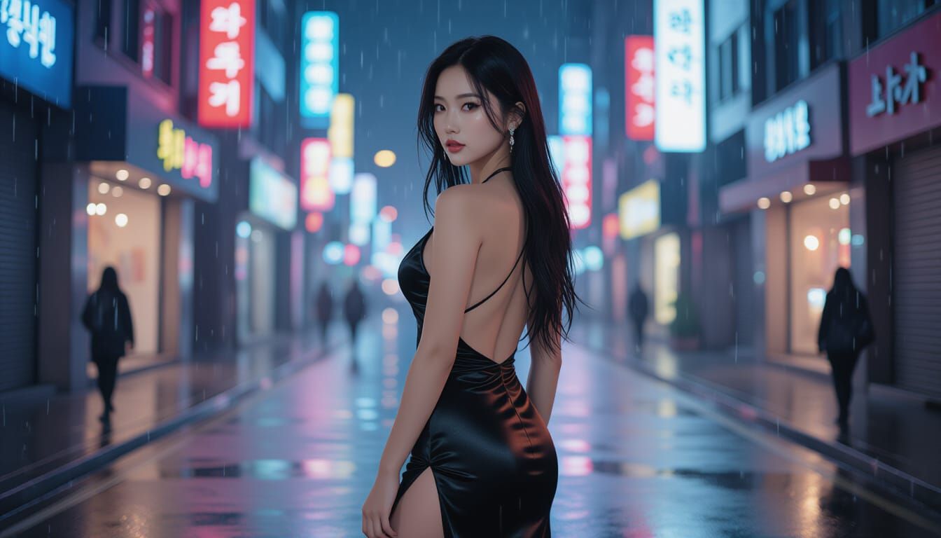 Neon Seoul: Korean Woman in Satin Dress