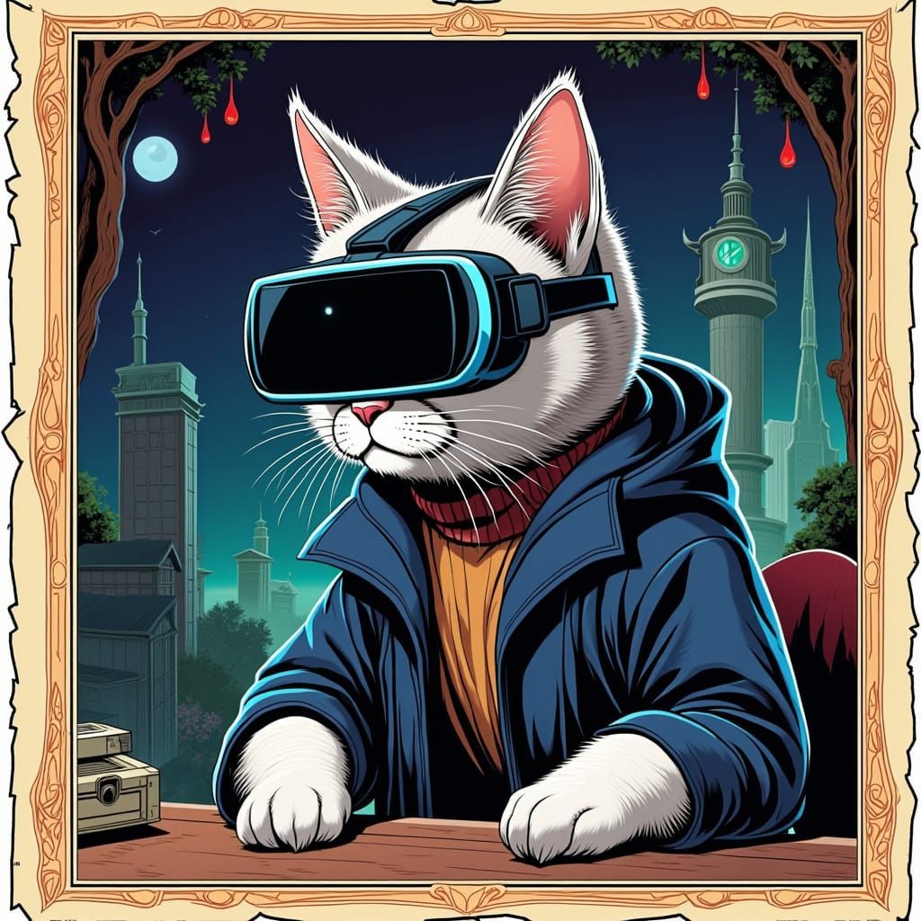 Whimsical Cyberpunk Cat Hacker in Ukiyo-e Style