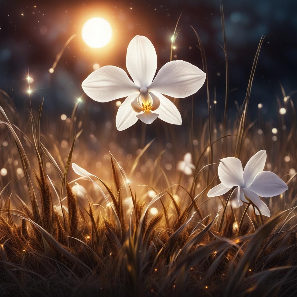 Glowing White Orchid in Sunset Field