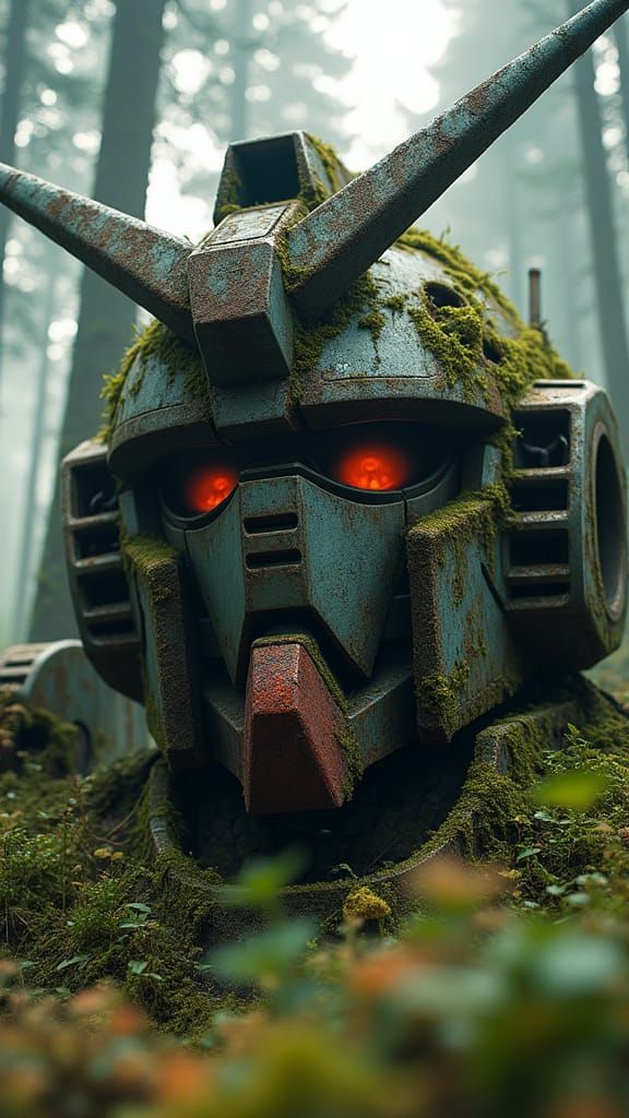 Colossal Gundam Head in Ancient Forest, Hyper-Realistic Styl...
