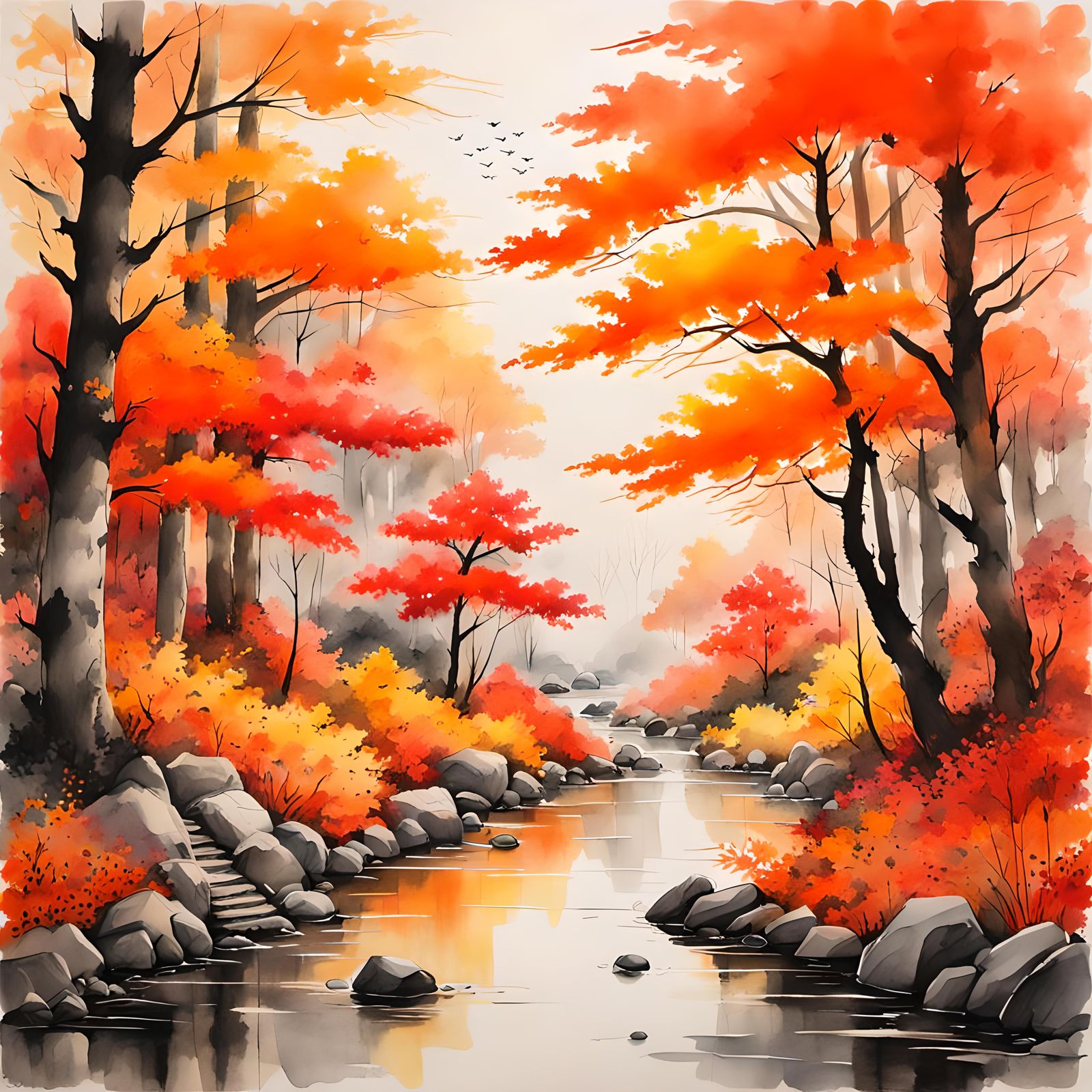 Autumn Forest Watercolor Painting in Chinese Ink Style