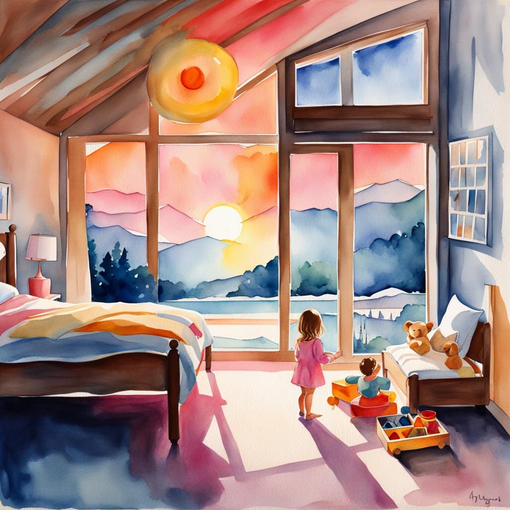 Watercolor Toddler Girl with Toy at Sunrise