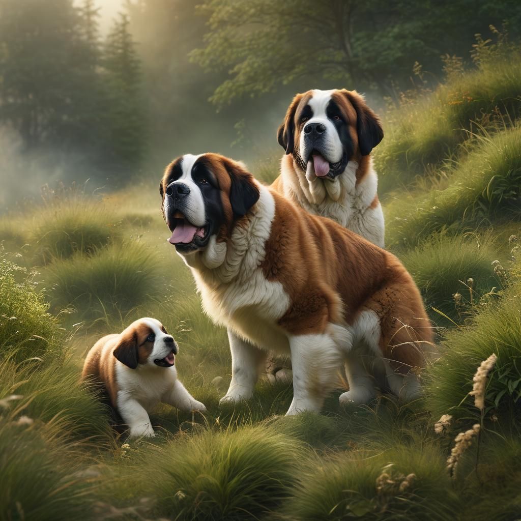 Giant St. Bernard Dog Plays With Puppy