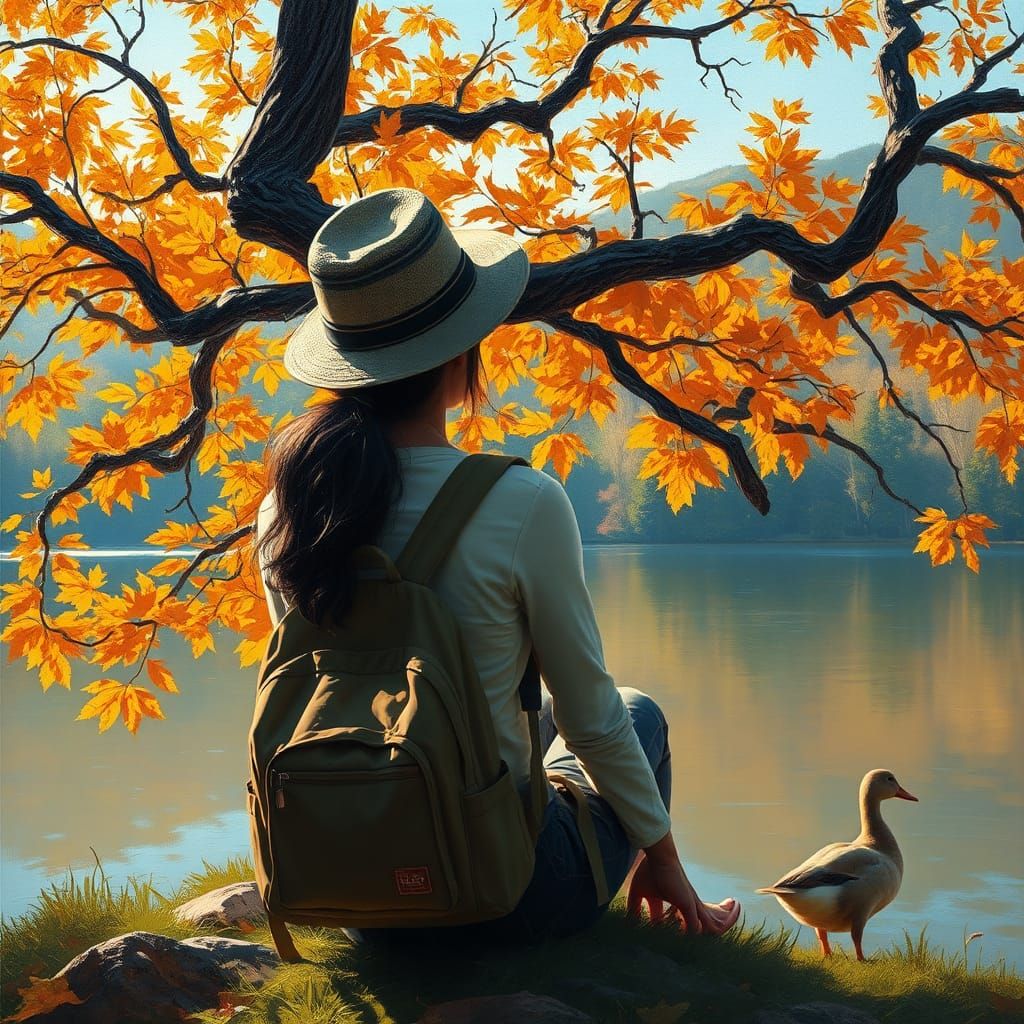 Autumnal Impressionist Painting of Woman Under Tree