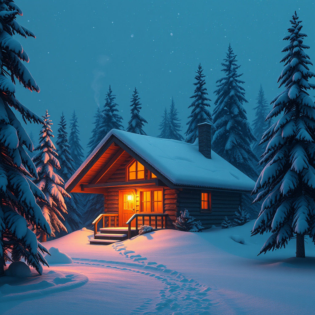 Surreal Snowy Cabin Scene in Whimsical, High-Contrast Aesthe...
