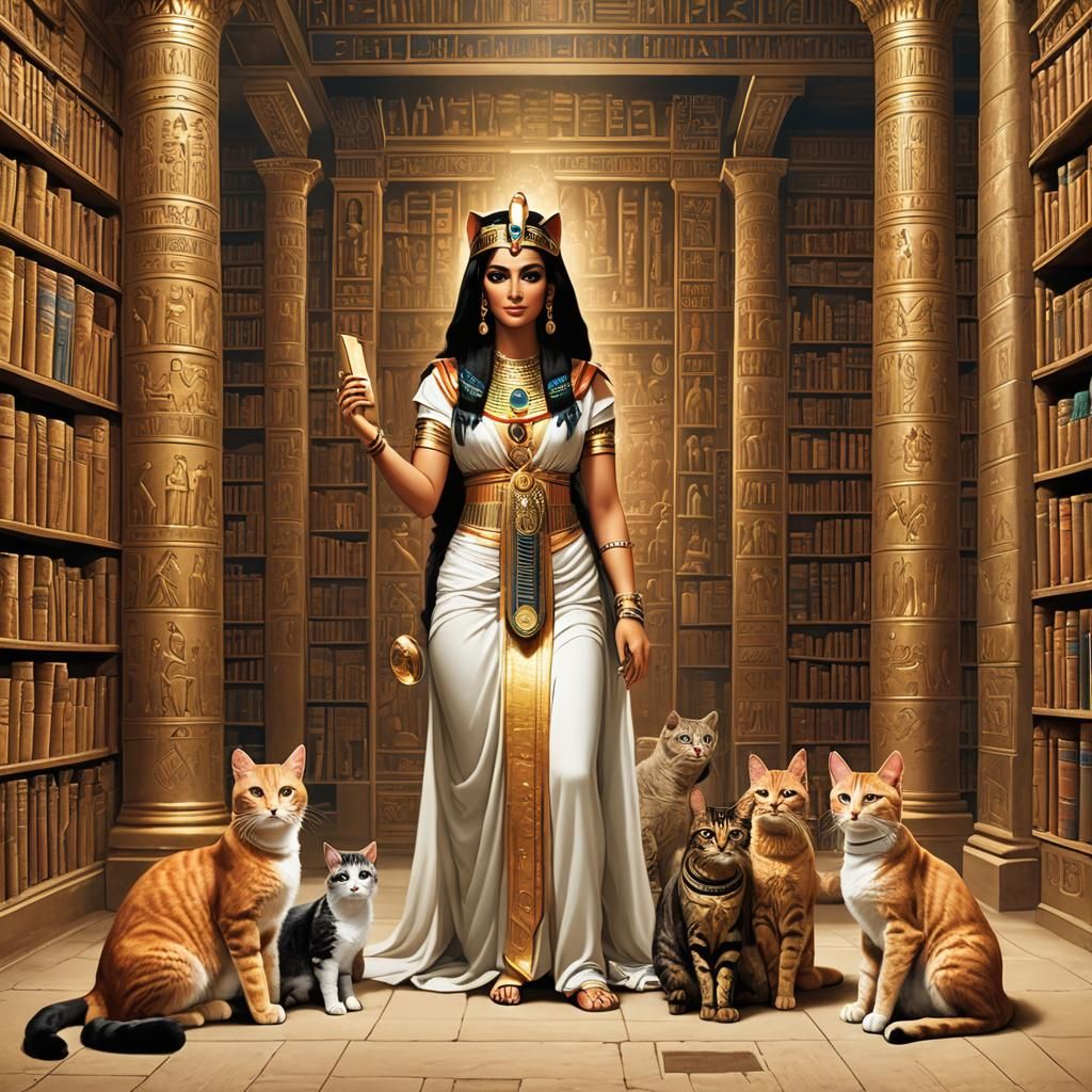 Egyptian Goddess with Cats in Ancient Library