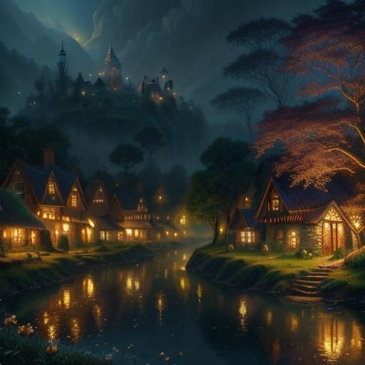 Peaceful Village in Surrealist Art Style