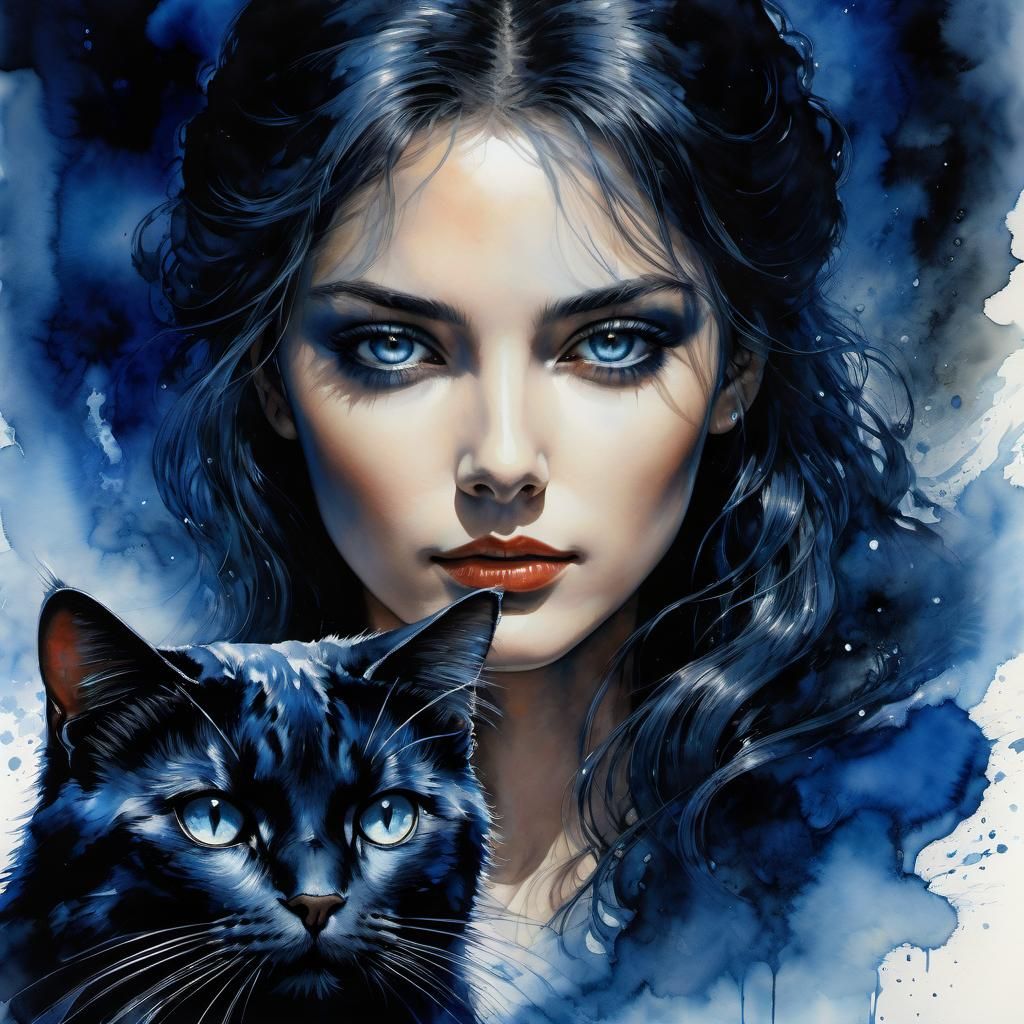 Watercolor Portrait of Woman and Cat in Blue