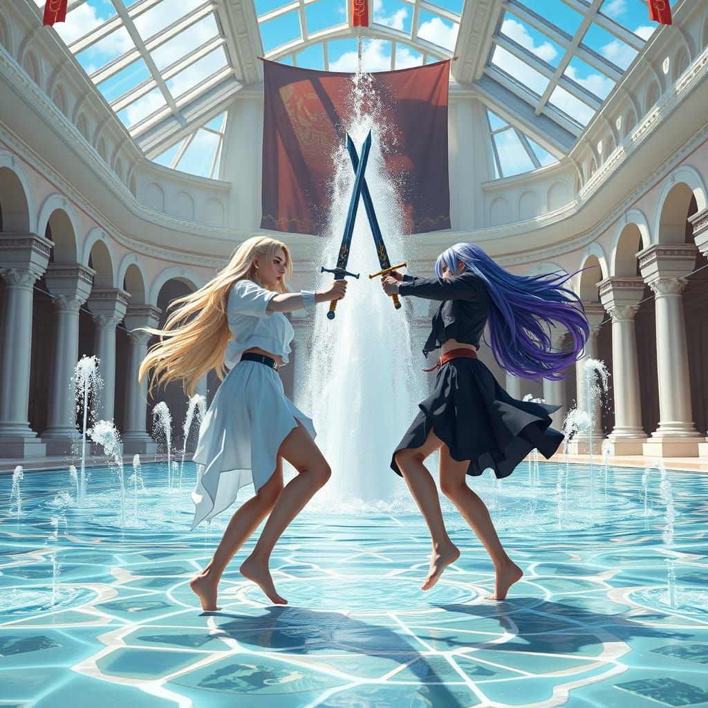 Mystical Fountain Duel in Fantasy Concept Art Style
