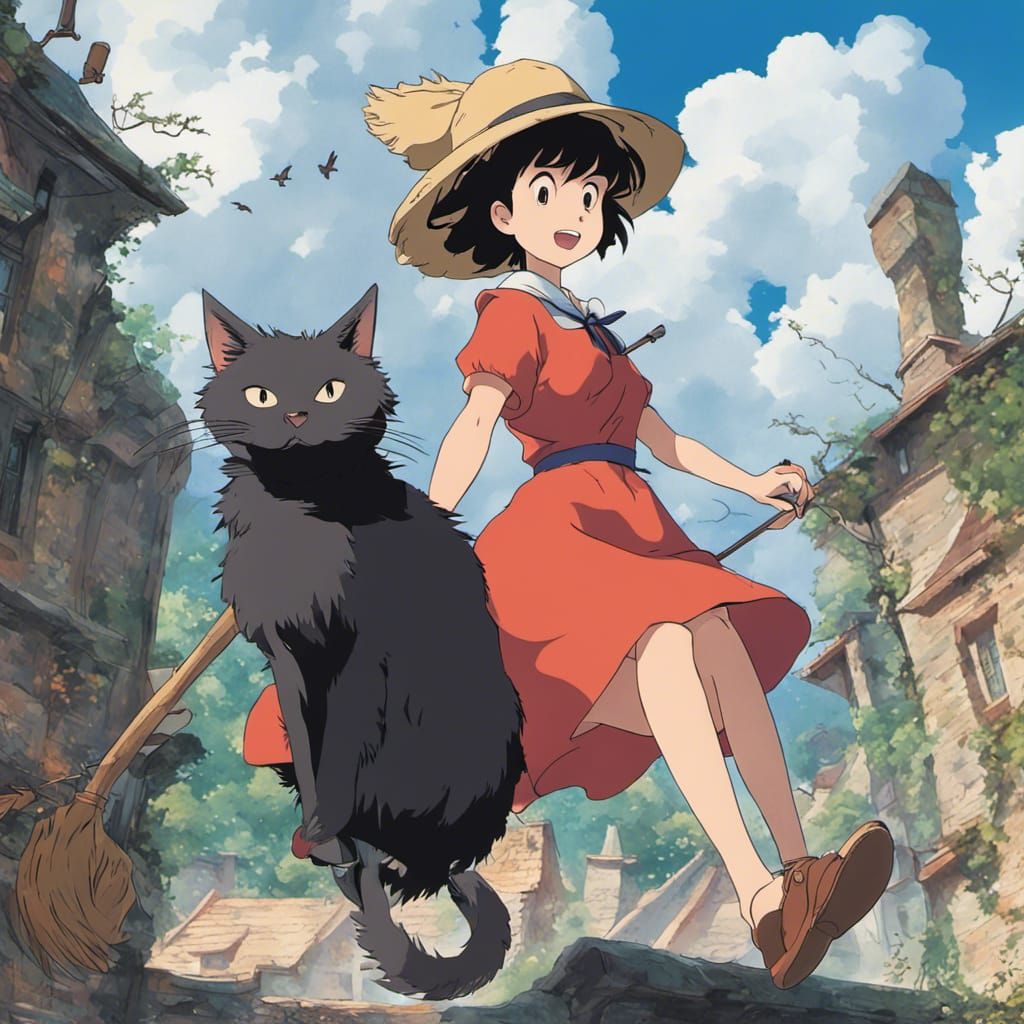 Anime Witch and Cat in Ghibli Style