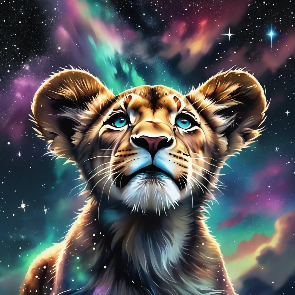 Lion Cub Gazing at Starry Lion in Sky
