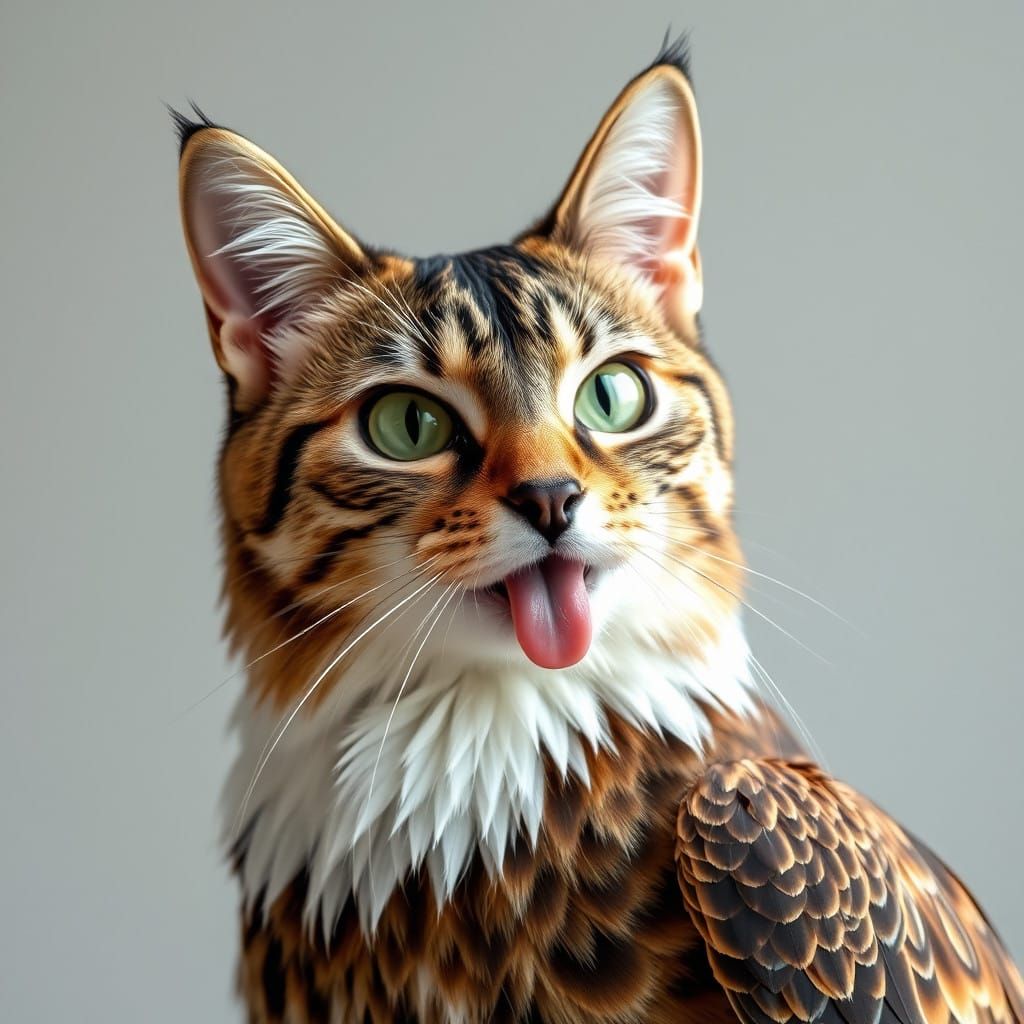 Hilarious funny half cat half eagle crossing it's eyes sticking out it's tongue
