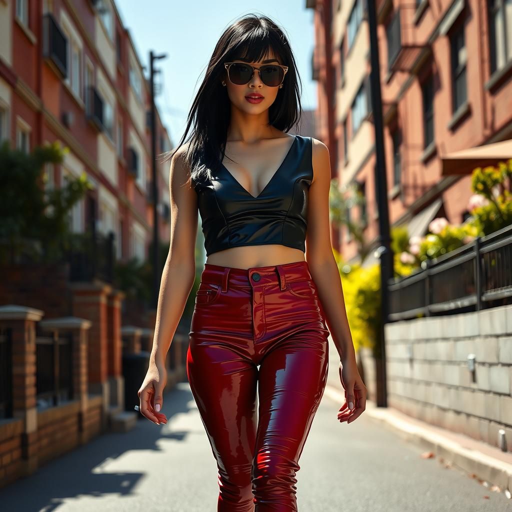 Woman in Latex Outfit Walking Down City Street
