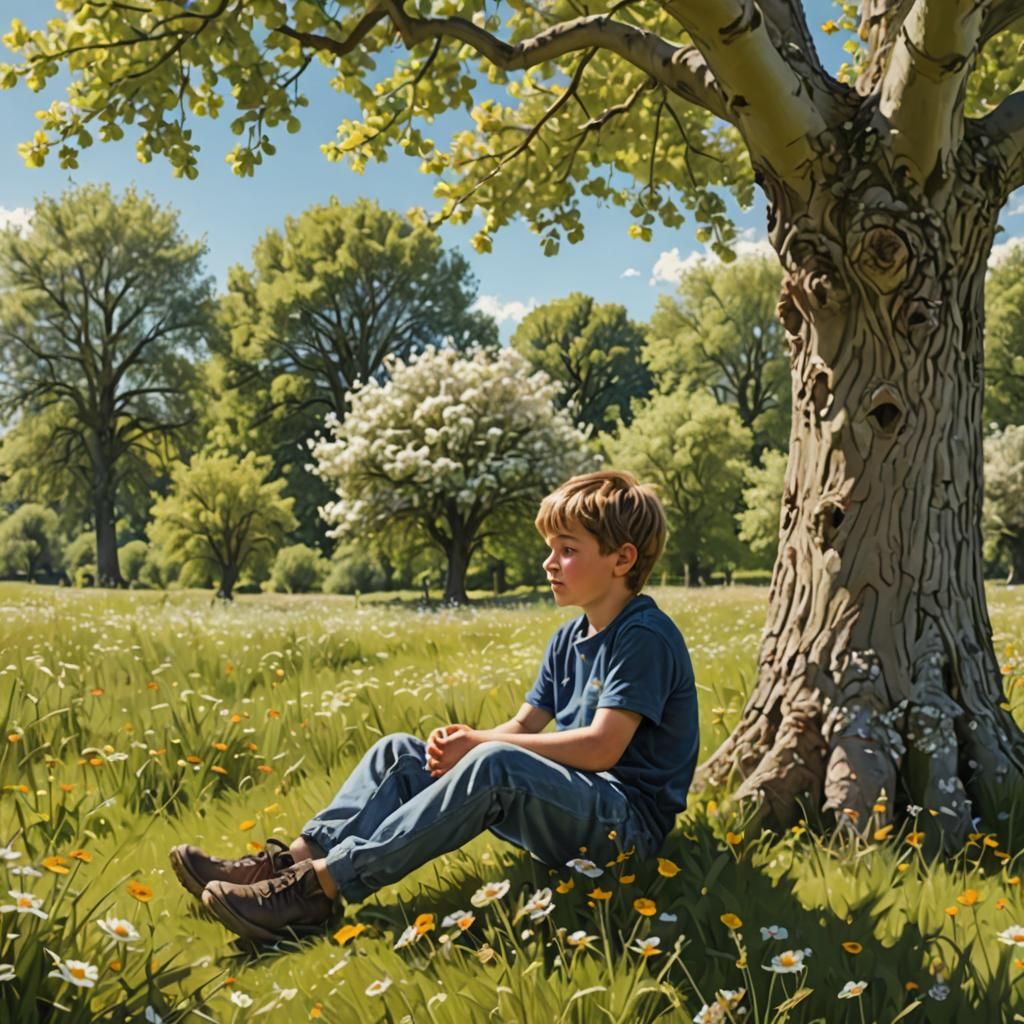 Boy Relaxing by Tree in Flowery Meadow