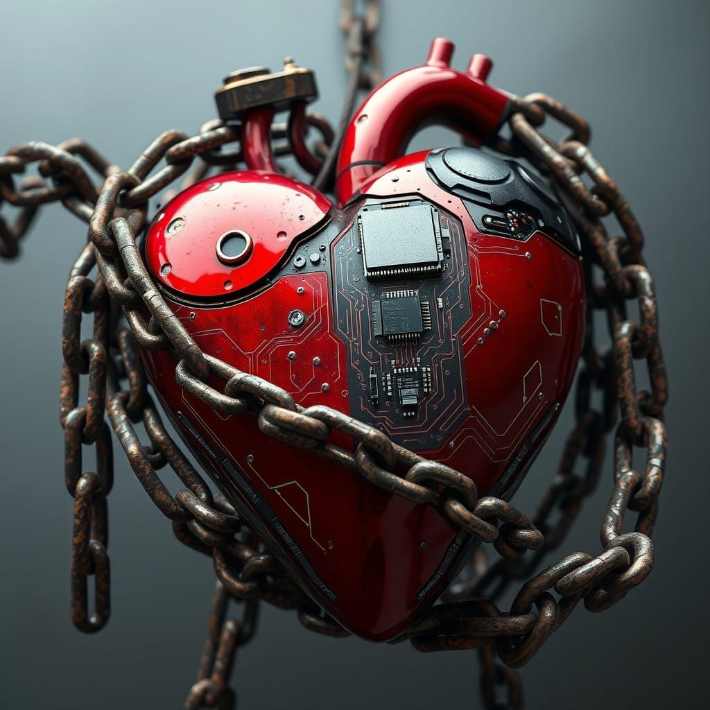 Futuristic Heart Entwined in Industrial Chains