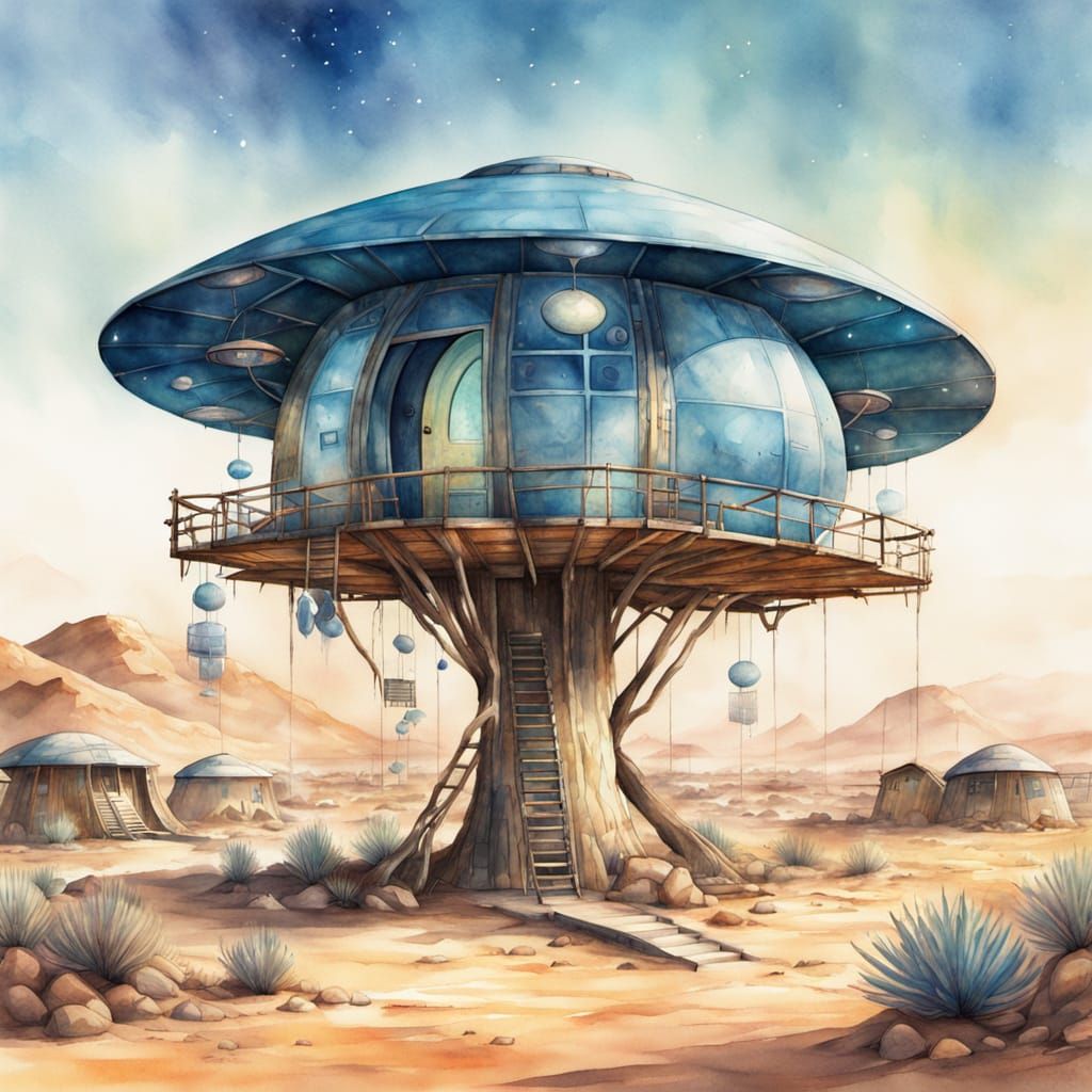 Blue UFO Treehouse in Desert Settlement Watercolour