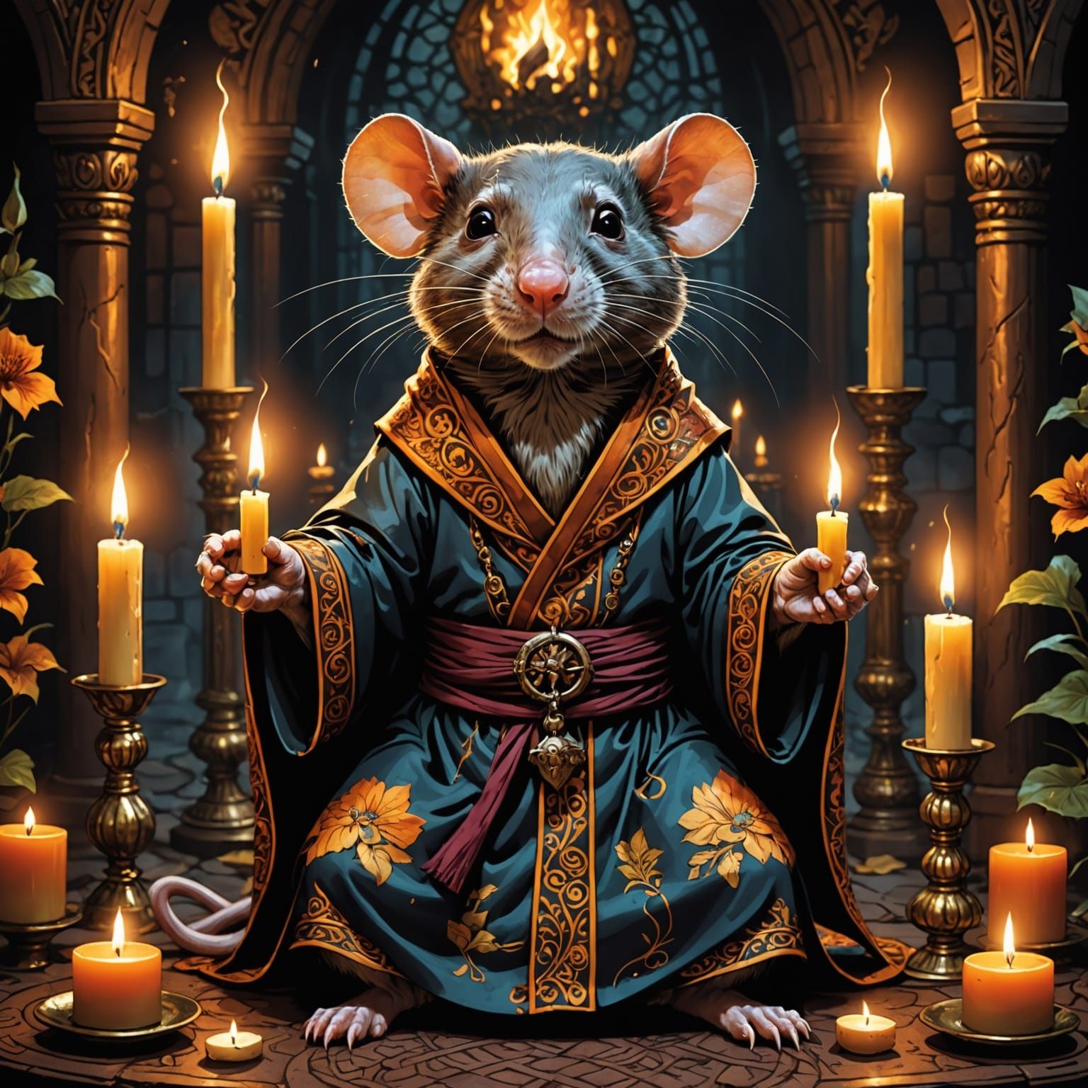 Monk Rat with Beard Before Candles in Cinematic Style