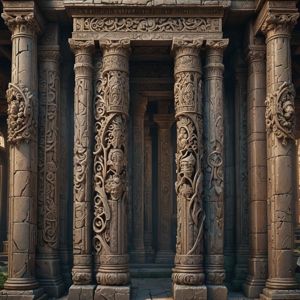 Temple Pillar Close-up with Godrays, Detailed Matte Painting